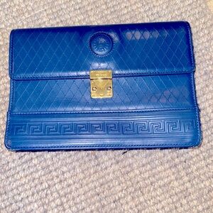 Vintage Gianni Versace Blue Greca Latticework Leather Wristlet Clutch with Gold